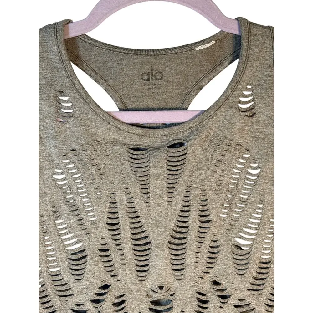 Alo Yoga Seamless Open Knit Racerback Tank Top Women's S Gray Activewear